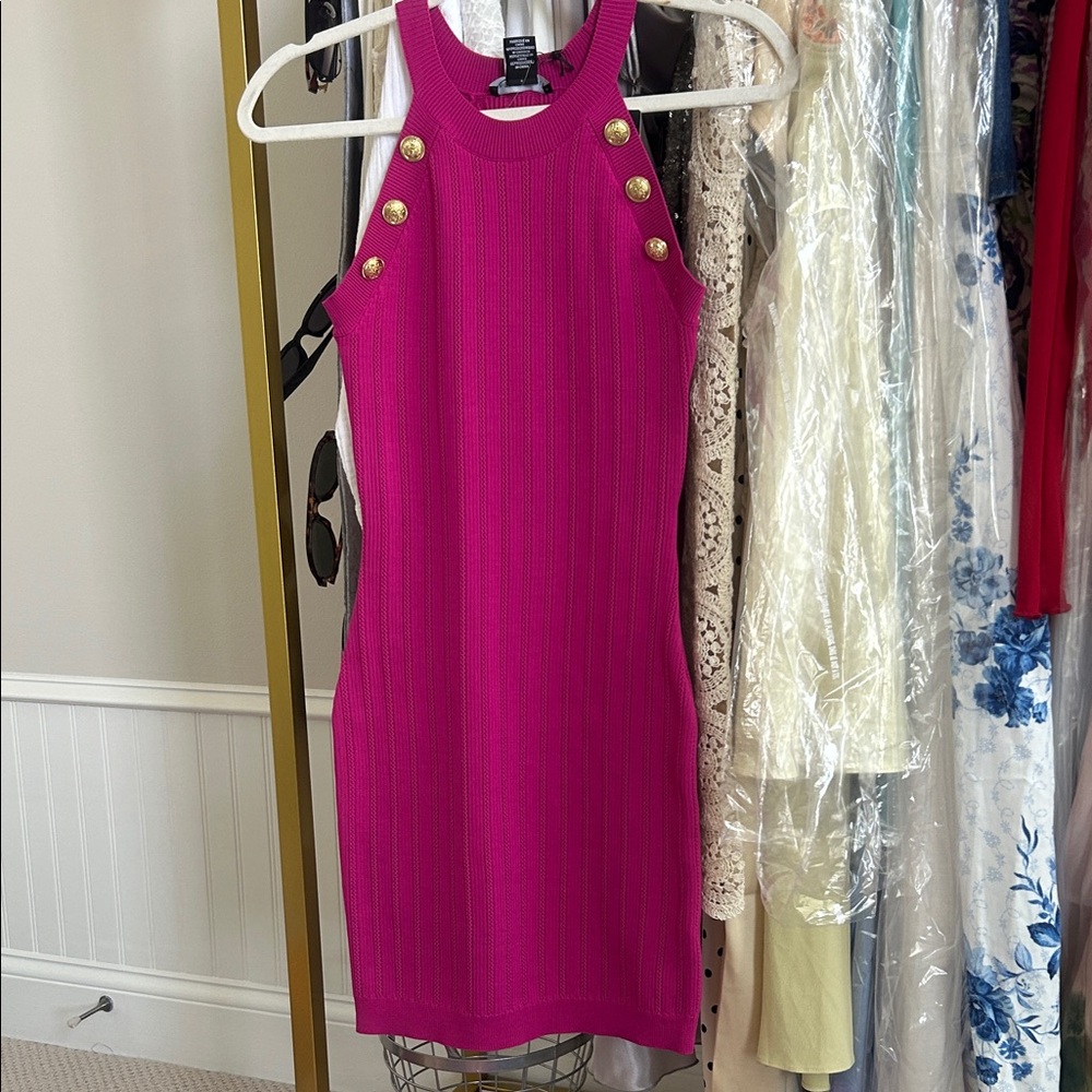 Sincerely Jules Fuchsia Mini Dress with Gold Buttons